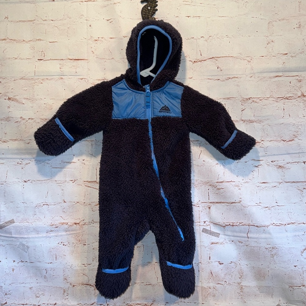 Snozu fleece baby bunting full zip blue boys snow suit warm 3 6 month hood